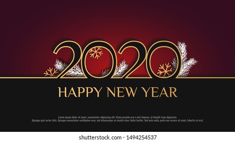 "Happy New Year 2020" card design. Black and red collors. Vector illustration for poster, banner, cover, card, invitation, flyer, postcard.