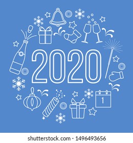 Happy New Year 2020 card. Gift boxes, bottle, glasses, Christmas sock, gingerbread bell, poppers, sparkler, mitten, calendar, snowflakes. Design for poster, party card, print.