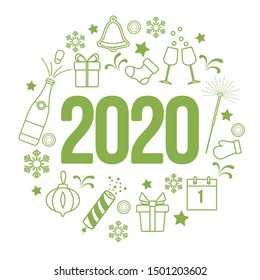 Happy New Year 2020 card. Gift boxes, bottle, glasses, Christmas sock, gingerbread bell, poppers, sparkler, mitten, calendar, snowflakes. Design for poster, party card, print.