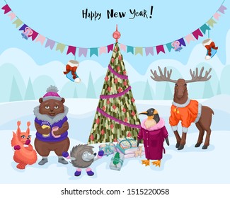 Happy new year 2020 card design. Cartoon animals in winter clothes in front of christmas tree. Gifts and pennon flags. Moose and bear in a fur coat. Cute hand drawn vector concept. Flat illustration.