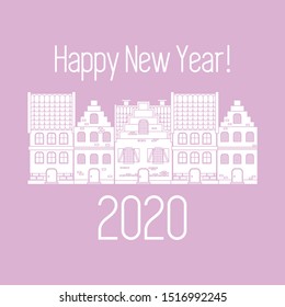 Happy New Year 2020 card. Merry Christmas. Vector illustration houses. New year, festive background. Design for postcard, banner, print.