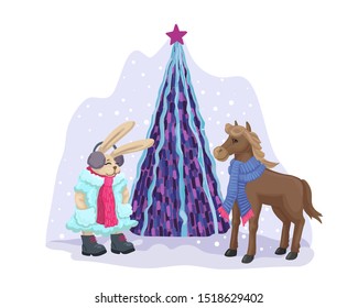 Happy new year 2020 card design. Cartoon animals in front of christmas tree. Rabbit in a fur coat and baby horse with scarf. Cute hand drawn vector. Flat illustration isolated on white background