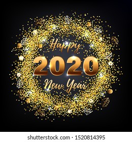 Happy New Year 2020 card with golden confetti wreath on black background. Vector illustration EPS 10 file.