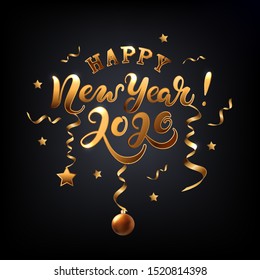 Happy New Year 2020 card. Hand drawn lettering with golden confetti and stars on black background. Vector illustration EPS 10 file.