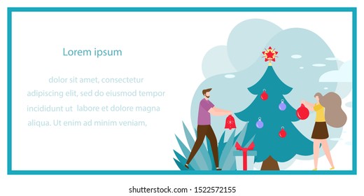 Happy New Year 2020 card. Merry Christmas. Vector illustration with people decorate Christmas tree. New year, festive background. Design for web page, presentation, postcard, banner, print. Flat style
