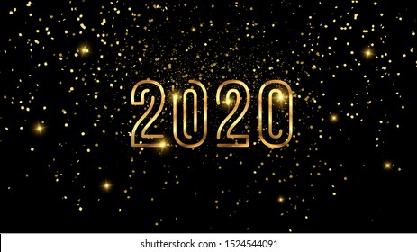 Happy New Year 2020 card background, vector illustration. Gold spark, confetti flying in the air, invitation design. 2020 calligraphic number, modern poster party card.