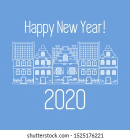 Happy New Year 2020 card. Merry Christmas. Vector illustration houses. New year, festive background. Design for postcard, banner, print.