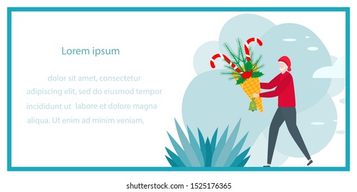 Happy New Year 2020 card. Merry Christmas. Vector illustration with man carries ice cream cone, candy canes, sprig of Christmas tree. New year, festive background. Design for web page, postcard, print