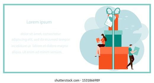 Happy New Year 2020 card. Merry Christmas. Birthday, Valentine's day. Vector illustration with people, gifts. Festive background. Design for web page, presentation, postcard, banner, print. Flat style