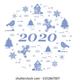 Happy New Year 2020 card. Merry Christmas. Vector illustration with gingerbread man, bell, house, bird, star, snowflake, Christmas tree. New year, festive background. Design for print.