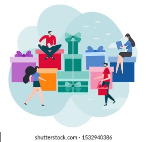Happy New Year 2020 card. Merry Christmas. Birthday, Valentine's day. Vector illustration with people, gifts. Festive background. Design for web page, presentation, postcard, banner, print. Flat style