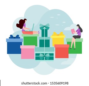 Happy New Year 2020 card. Merry Christmas. Birthday, Valentine's day. Vector illustration with people, gifts. Festive background. Design for web page, presentation, postcard, banner, print. Flat style