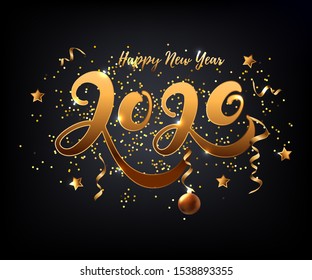 Happy New Year 2020 card. Hand drawn lettering 2020 with golden confetti and chrismas ball on black background. Vector illustration EPS 10 file.