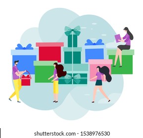 Happy New Year 2020 card. Merry Christmas. Birthday, Valentine's day. Vector illustration with people, gifts. Festive background. Design for web page, presentation, postcard, banner, print. Flat style