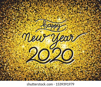 Happy New Year 2020 card with gold glitter text design and stars. Vector eps10 illustration.