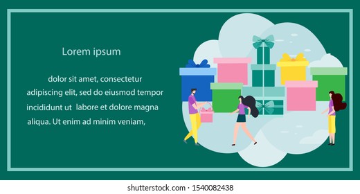 Happy New Year 2020 card. Merry Christmas. Birthday, Valentine's day. Vector illustration with people, gifts. Festive background. Design for web page, presentation, postcard, banner, print. Flat style