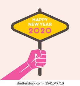 Happy new year 2020 card design, message banner hold in hand