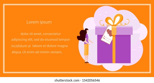 Happy New Year 2020 card. Merry Christmas. Birthday, Valentine's day. Vector illustration with people, gifts. Festive background. Design for web page, presentation, postcard, banner, print. Flat style
