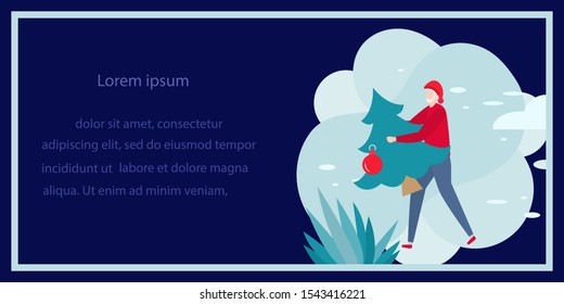 Happy New Year 2020 card. Merry Christmas. Vector illustration with man carries Christmas tree. New year, festive background. Design for web page, presentation, postcard, banner, print. Flat style