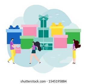 Happy New Year 2020 card. Merry Christmas. Birthday, Valentine's day. Vector illustration with people, gifts. Festive background. Design for web page, presentation, postcard, banner, print. Flat style