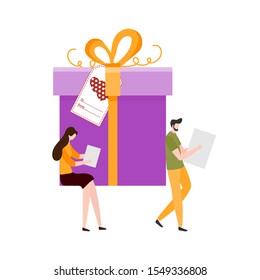 Happy New Year 2020 card. Merry Christmas. Birthday, Valentine's day. Vector illustration with people, gifts. Festive background. Design for web page, presentation, postcard, banner, print. Flat style