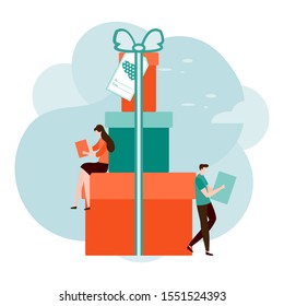 Happy New Year 2020 card. Merry Christmas. Birthday, Valentine's day. Vector illustration with people, gifts. Festive background. Design for web page, presentation, postcard, banner, print. Flat style