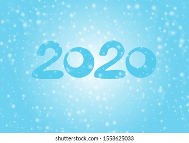 Happy New Year 2020 card. Blue design, snow falling. 