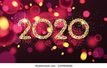 Happy New Year 2020 card with shiny colorful confetti. Vector bokeh background.