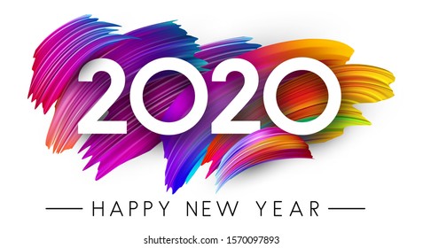 Happy New Year 2020 card with colorful gradient brush stroke design. Vector background.