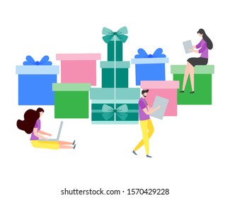 Happy New Year 2020 card. Merry Christmas. Birthday, Valentine's day. Vector illustration with people, gifts. Festive background. Design for web page, presentation, postcard, banner, print. Flat style