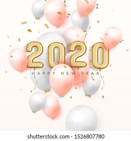 Happy new year 2020 Celebrate background, Gold foil balloons with numeral and confetti. 3D realistic Vector illustration