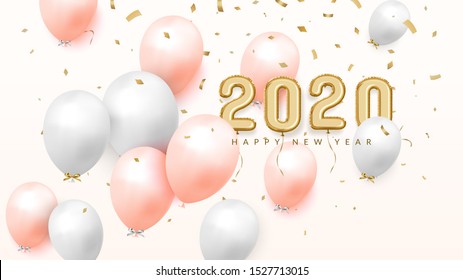 Happy new year 2020 Celebrate banner, Gold foil balloons with numeral and confetti. 3D realistic Vector illustration