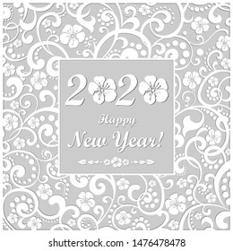 Happy New Year 2020. Celebration silver background with white flower and place for your text. Background for your Seasonal Flyers and Greetings Card or Christmas themed invitations. 