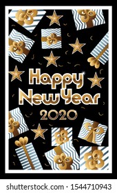 happy new year 2020 celebration label with gifts vector illustration design