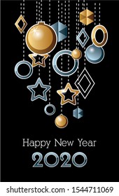 happy new year 2020 celebration label with balls hanging vector illustration design