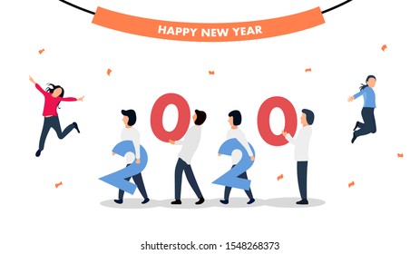 Happy new year 2020 celebration. people celebrate new year with assemble 2020. Vector illustration for website banner or social media