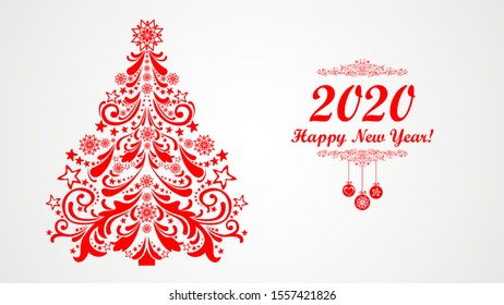 Happy New Year 2020. Celebration silver background with Christmas tree and place for your text. Background for your Seasonal Flyers and Greetings Card or Christmas themed invitations. Vector 