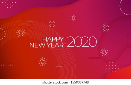 Happy New Year 2020 celebration poster template design with colorful abstract fluid liquid background and fireworks vector illustration