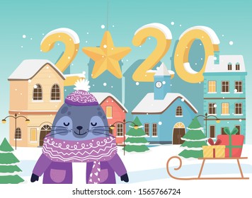 happy new year 2020 celebration cute seal with sweater sled gifts town snow vector illustration
