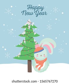 happy new year 2020 celebration cute rabbit with scarf hat tree lights snow vector illustration