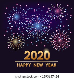 Happy new year 2020 celebration poster design.Golden text and number with colorful fireworks explosion background.greeting card or new year festival design.