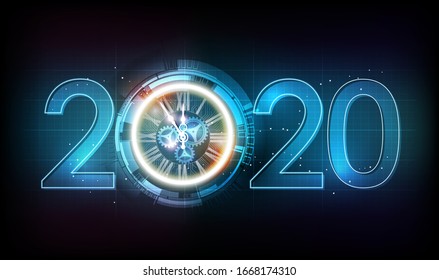 Happy New Year 2020 celebration with white light abstract clock on futuristic technology background, countdown concept, vector illustration