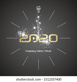 Happy New Year 2020 champagne firework clock gold shining numbers black background