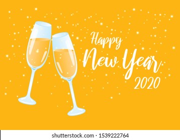 Happy New Year 2020 with champagne vector. Glasses of champagne vector. New Year toast vector. Festive starry background. Shiny golden background. Two glasses of champagne