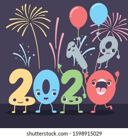 Happy New Year 2020. Characters of number 1 and 9 leaving the party. Funny Holiday Greetings Card Illustration