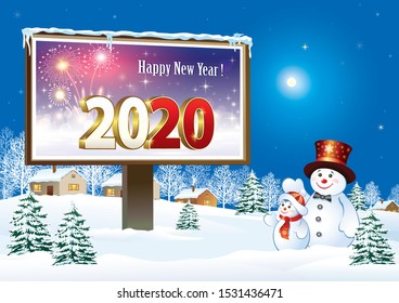 Happy New Year 2020 with cheerful snowmen near holiday billboard on the background of winter landscape. Vector illustration EPS10