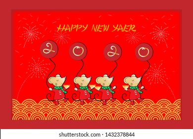 Happy New Year 2020, Chinese symbol with four rats holding Chinese gold ingot and balloons 2020 in red background,Vector illustration of cute mouse cartoon with happy new year for card or banner