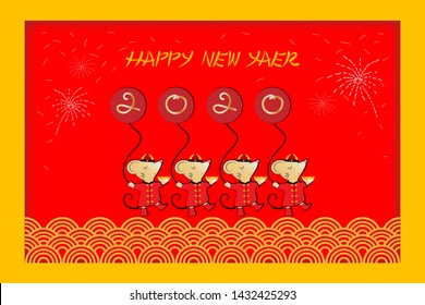 Happy New Year 2020, Chinese symbol with four rats holding Chinese gold ingot and balloons 2020 in yellow background,Vector illustration of cute mouse cartoon with happy new year for card or banner