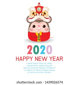 Happy New Year 2020. Chinese New Year. The year of the rat. Happy New Year greeting card with cute Little rat with Lion Dance Head, background illustration Vector