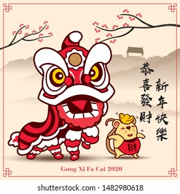 Happy New Year 2020. Chinese New Year. The year of rat. Lion dance and little rat. Translation: Greetings Gong Xi Fa Cai and happy New Year - vector